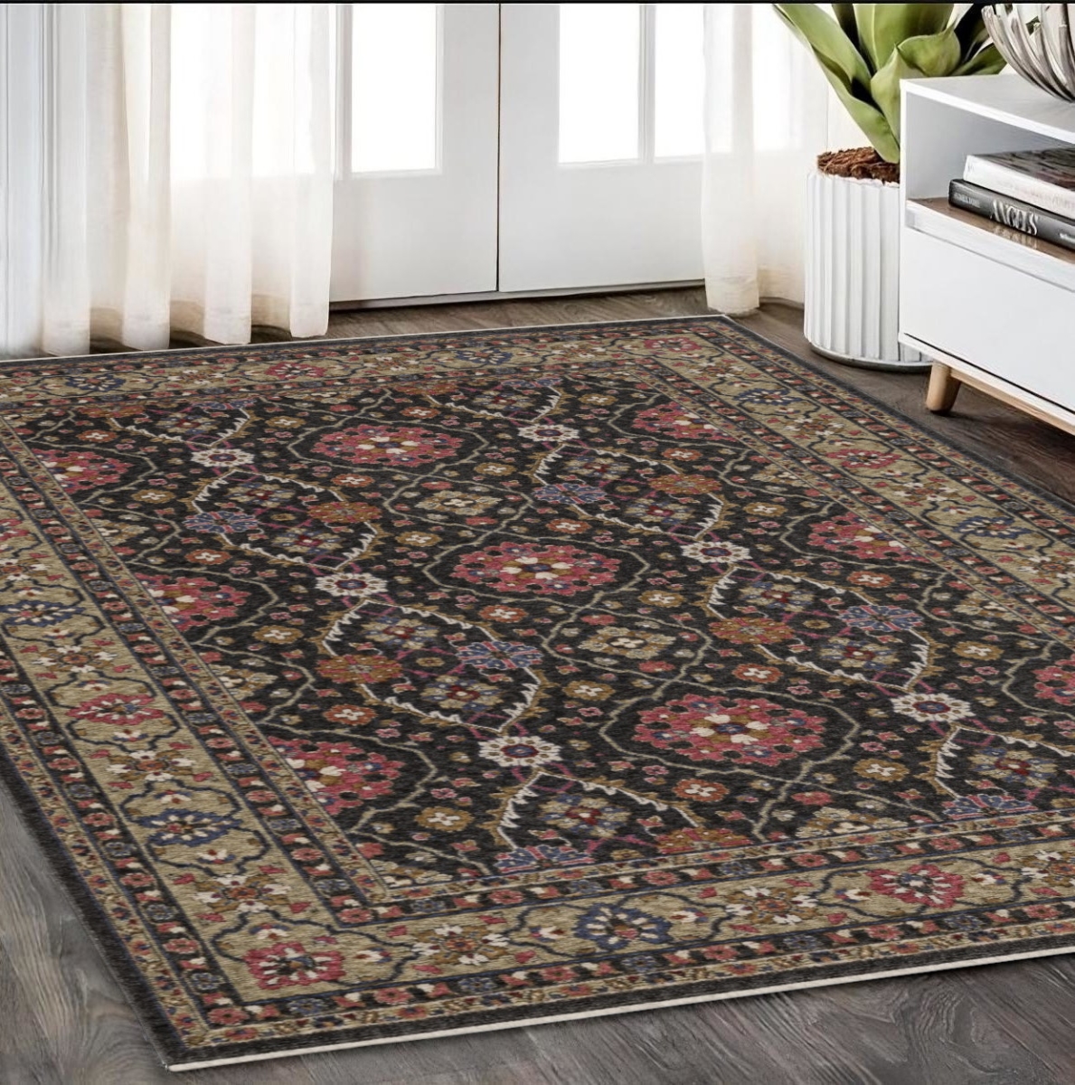 574928 5 x 8 ft. Oriental Rectangle Area Rug with Fringe, Charcoal & Pink