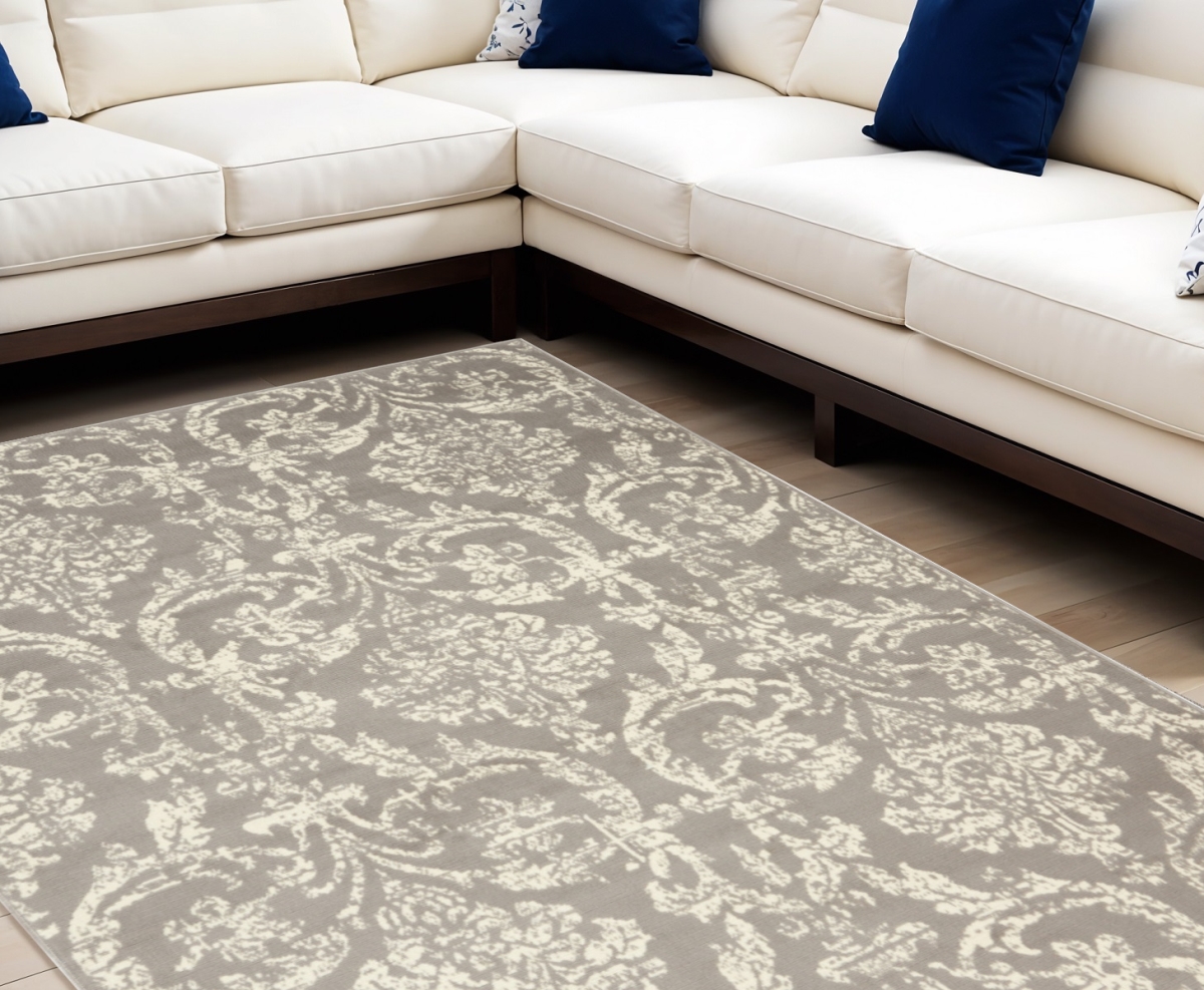 522189 6 x 9 ft. Damask Power Loom Distressed Rectangle Area Rug, Gray & Ivory
