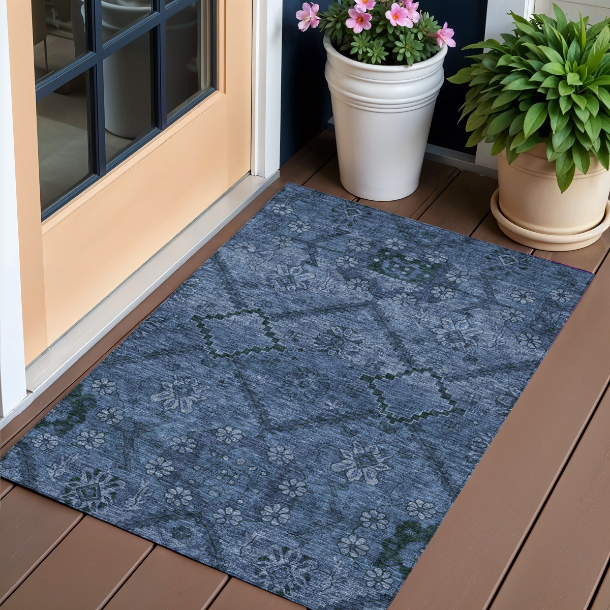 588894 3 x 5 ft. Floral Washable Indoor & Outdoor Rectangle Area Rug, Navy Blue & Denim Blue