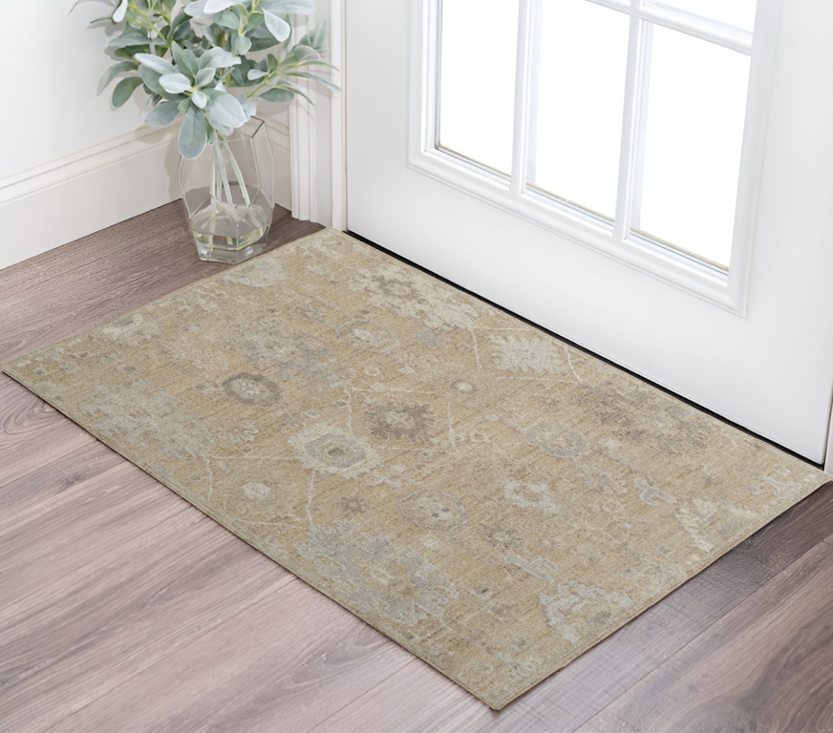 567181 2 x 3 ft. Wool Floral Hand Knotted Rectangle Area Rug, Tan & Ivory