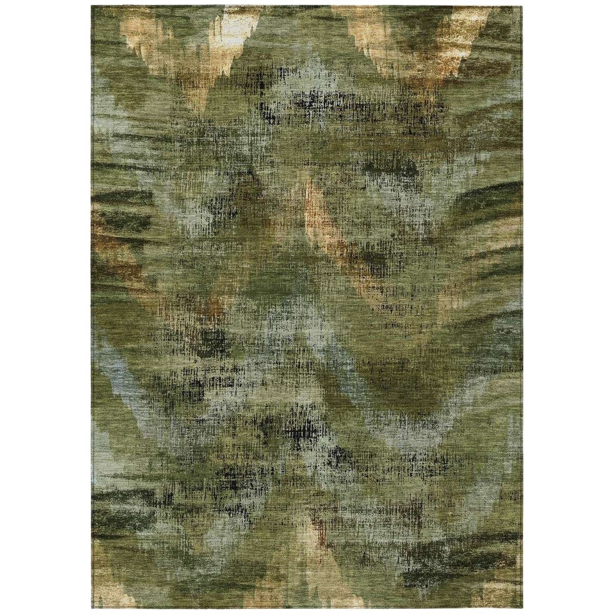 Abstract Washable Area Rug - Olive Green & Gold - 5 x 8 ft - Stain Resistant