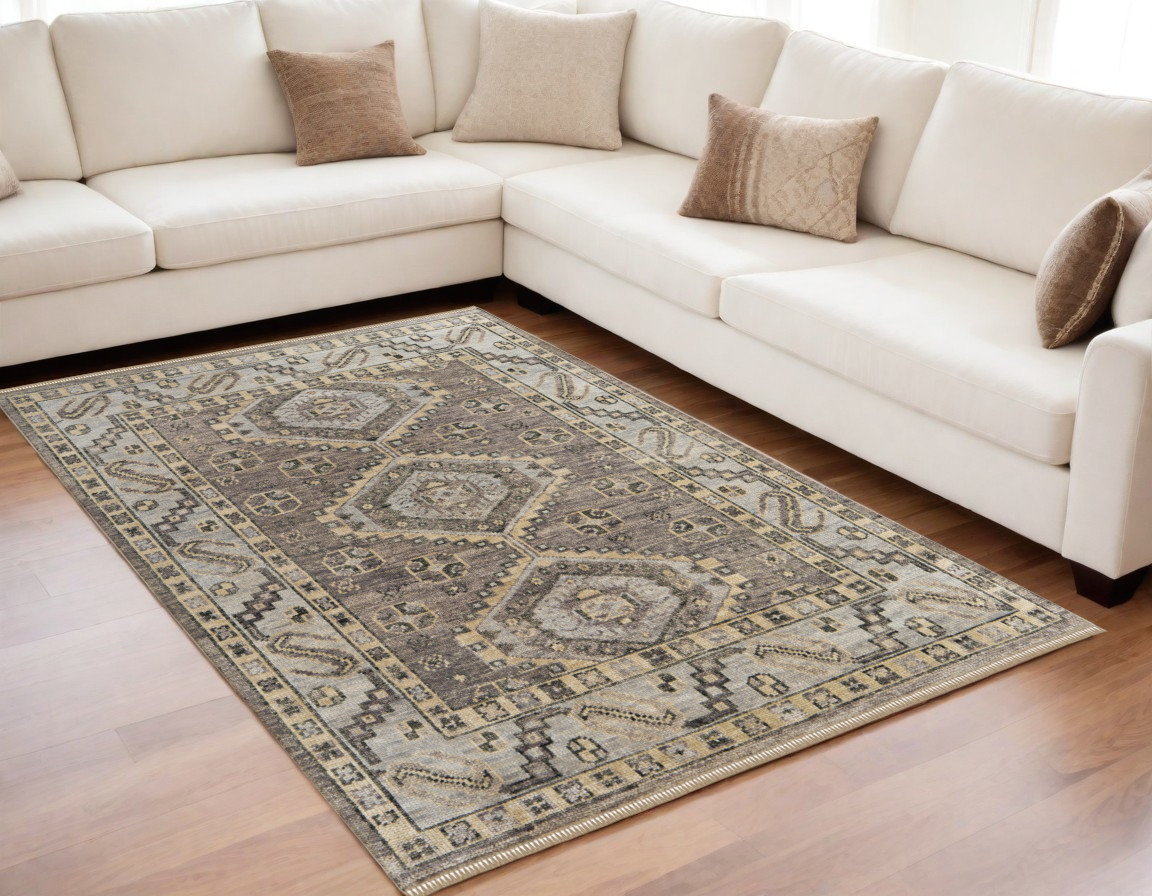 567073 5 x 8 ft. Wool Geometric Hand Knotted Rectangle Area Rug with Fringe, Gray & Brown