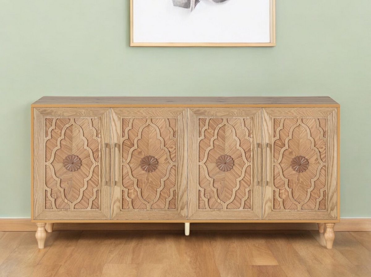 568412 68 in. Natural Distressed Carved Geometric Sideboard with Four Doors