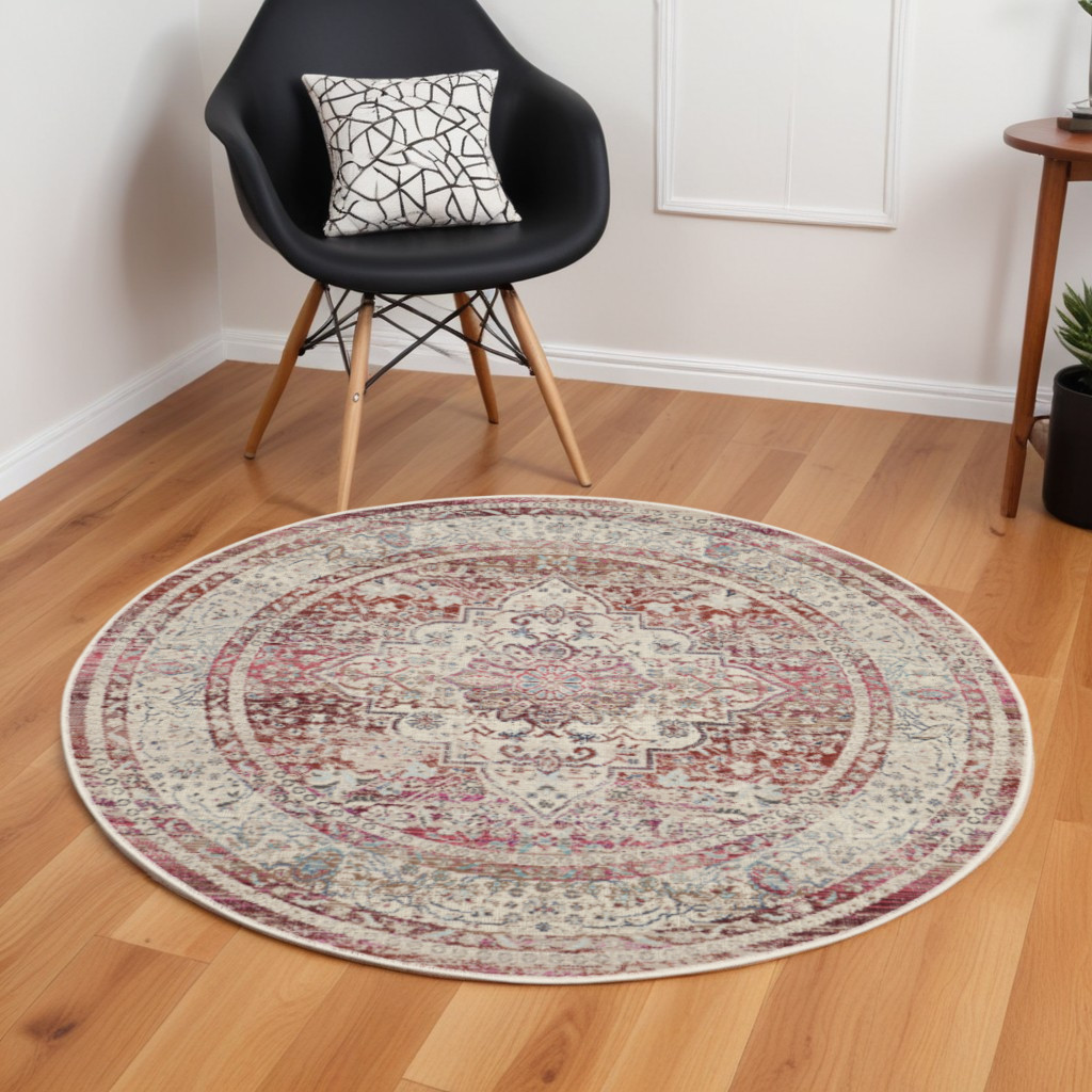 552364 6 ft. Floral Distressed Round Rug, Ivory, Red & Brown
