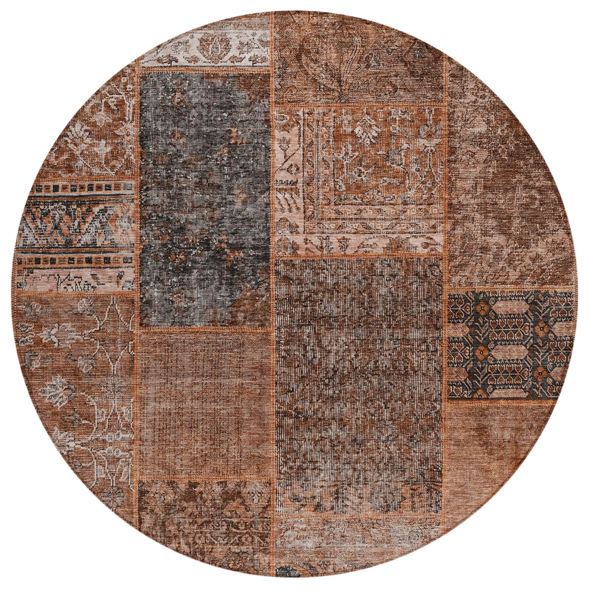 580936 8 ft. Round Patchwork Washable Indoor & Outdoor Area Rug, Terra Cotta, Copper & Charcoal