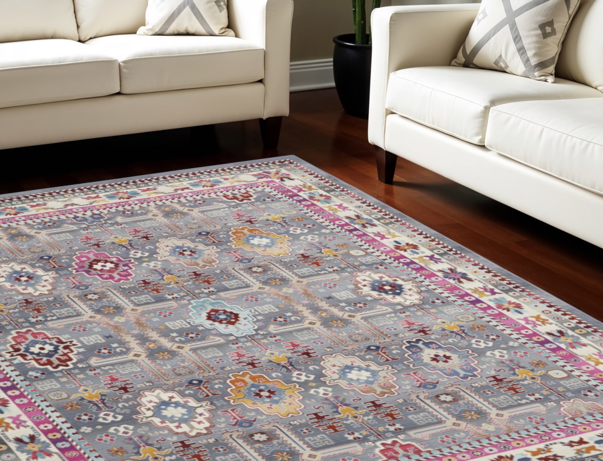 551489 9 x 12 ft. Floral Distressed Non Skid Rectangle Area Rug, Ivory, Pink & Gray