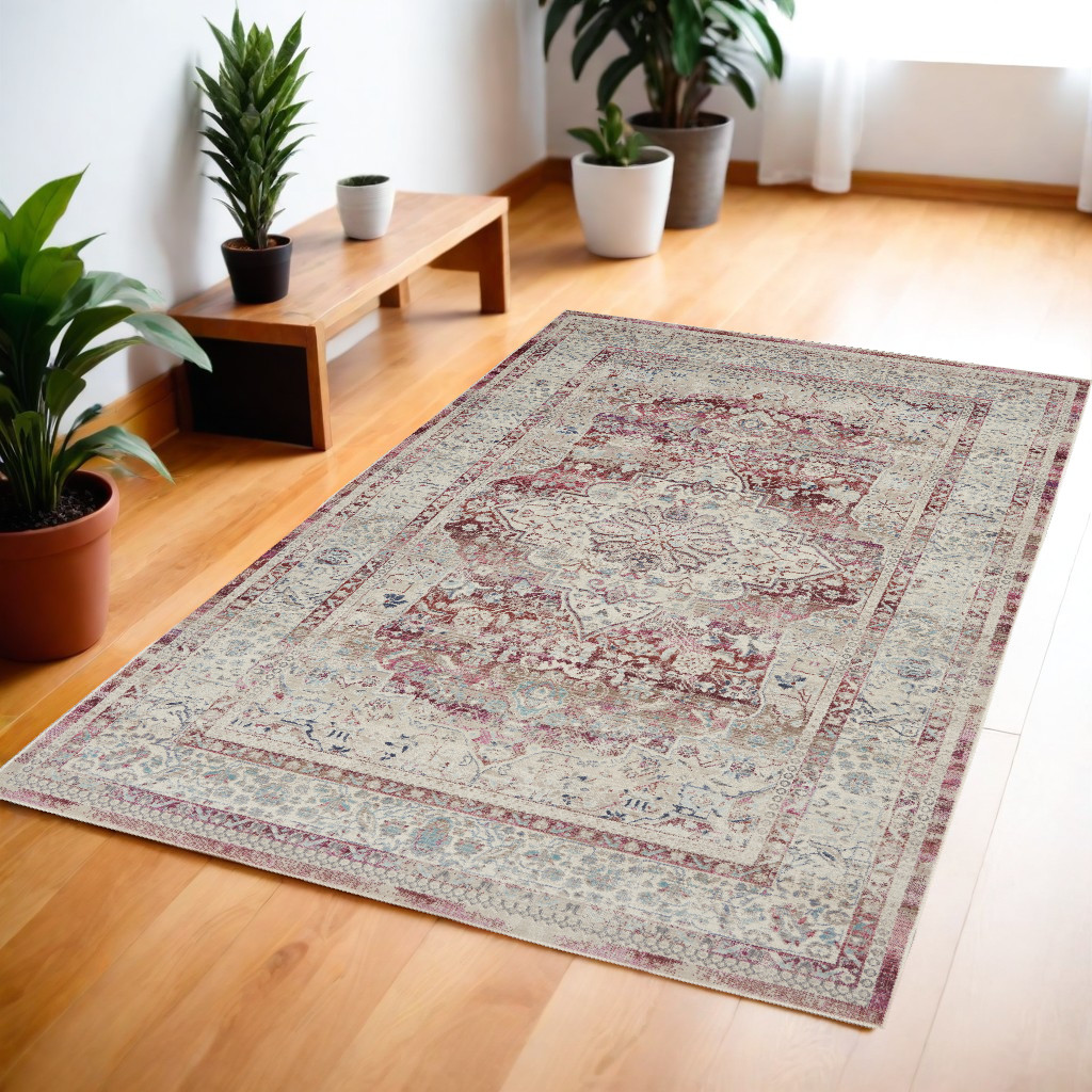 552689 4 x 6 ft. Floral Distressed Rectangle Area Rug, Ivory, Red & Brown