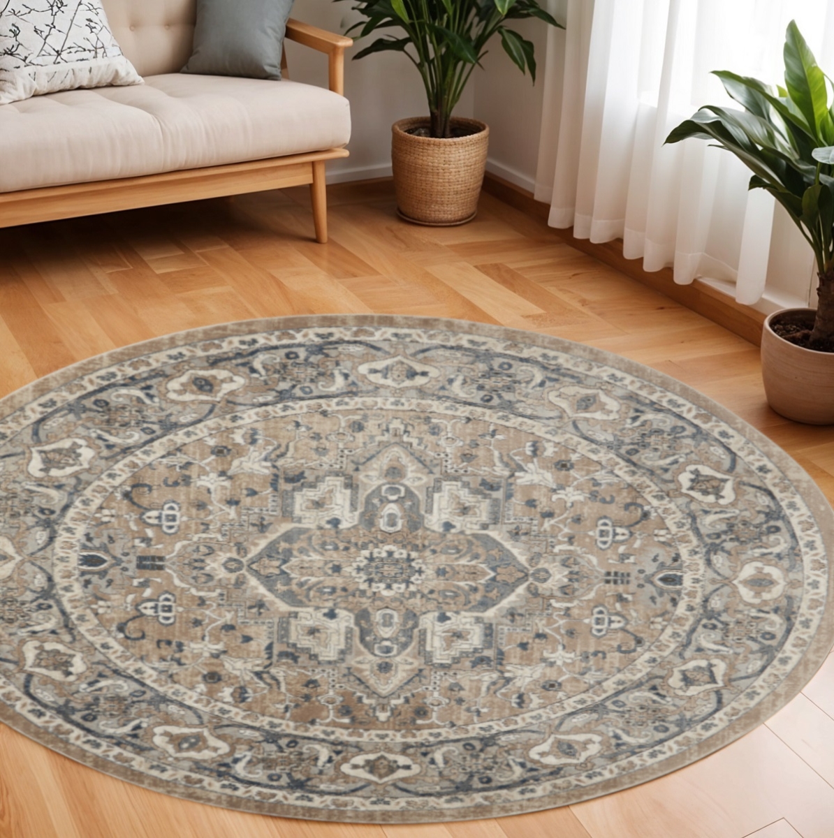 545144 10 ft. Round Medallion Power Loom Distressed Area Rug, Beige & Gray