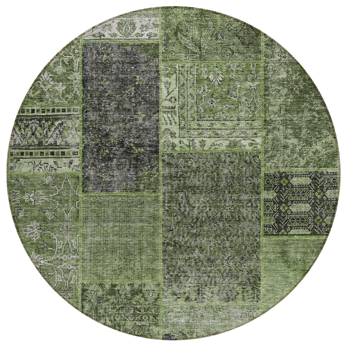 580912 8 ft. Round Patchwork Washable Indoor & Outdoor Area Rug, Olive Green & Gray