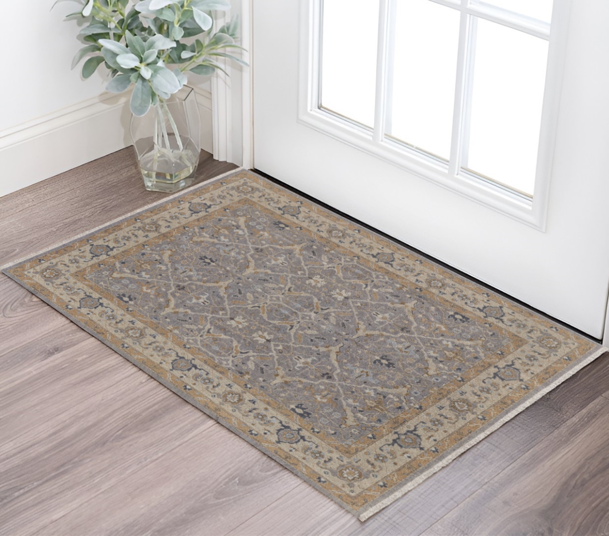 566773 2 x 3 ft. Wool Oriental Hand Knotted Rectangle Area Rug with Fringe, Tan & Gray