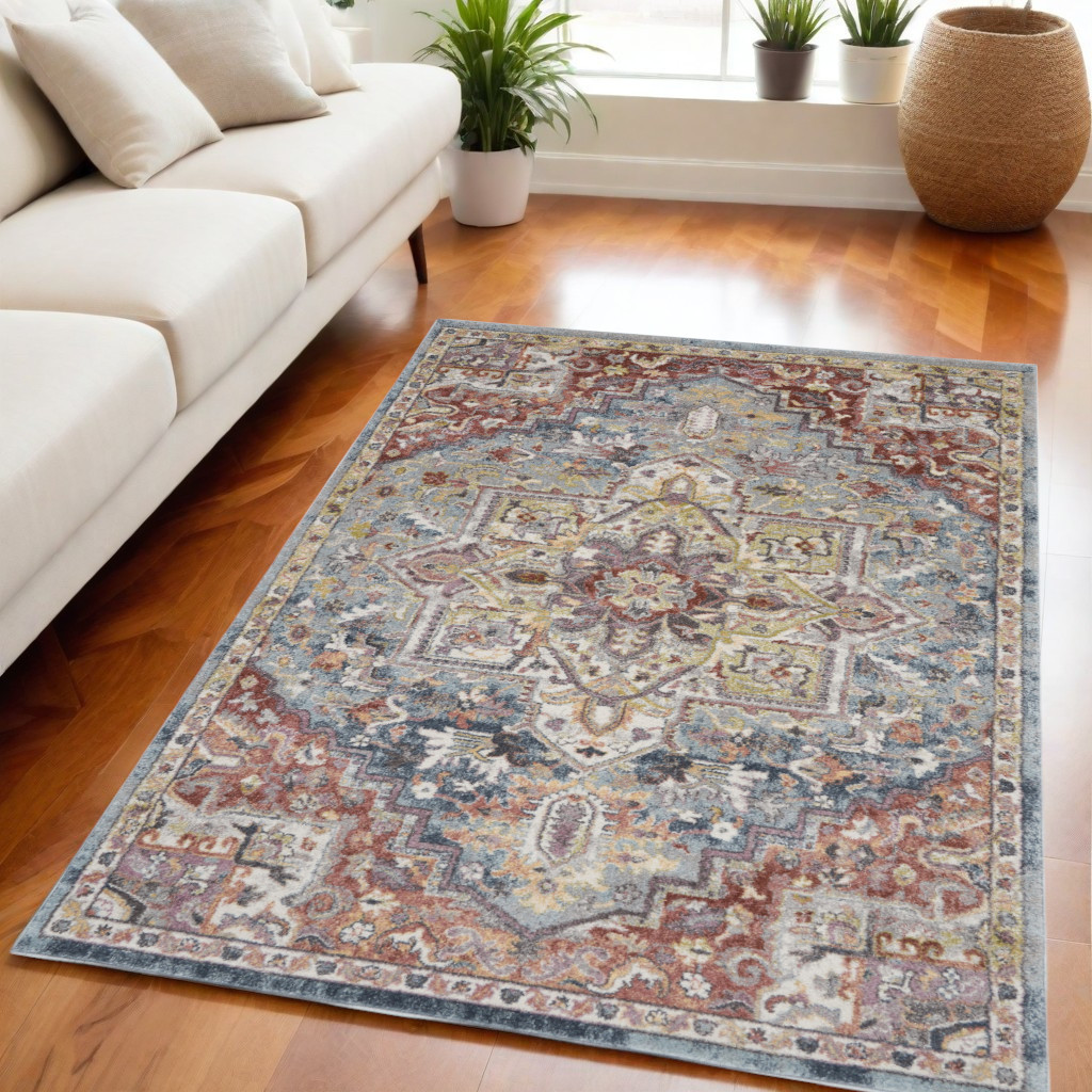 551287 5 x 7 ft. Floral Distressed Rectangle Area Rug, Blue & Red