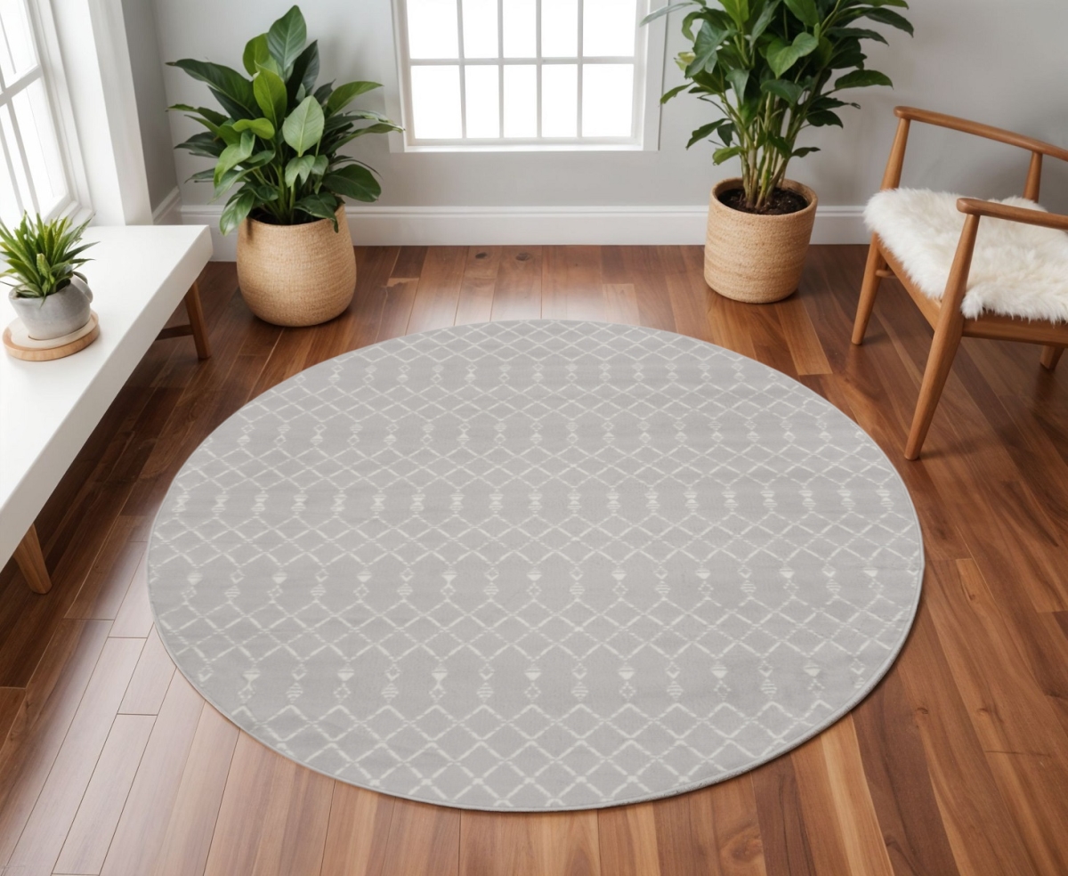 552304 8 ft. Geometric Power Loom Round Rug, Gray & Ivory