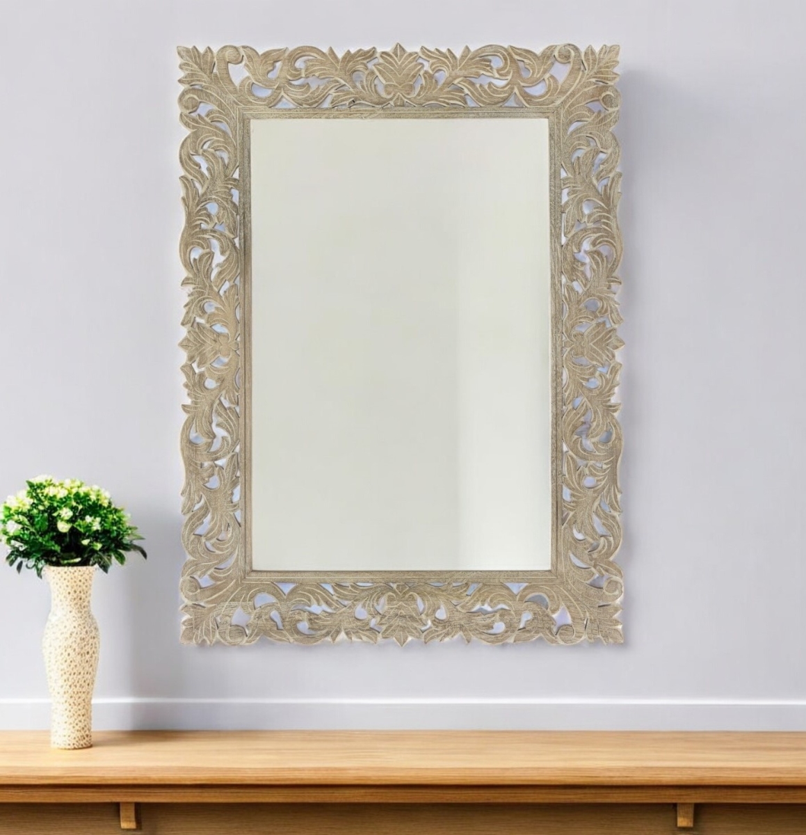 521568 35 in. Gray Floral Carved Solid Wood Framed Accent Mirror
