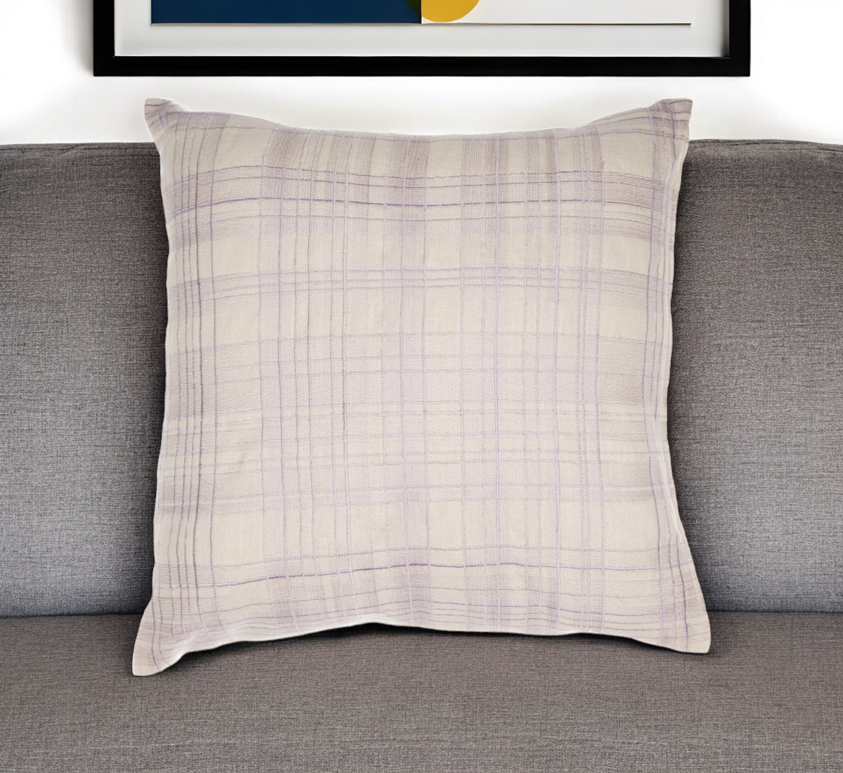 Ivory Check Cotton Blend Throw Pillow - 24 in. - Embroidered Design