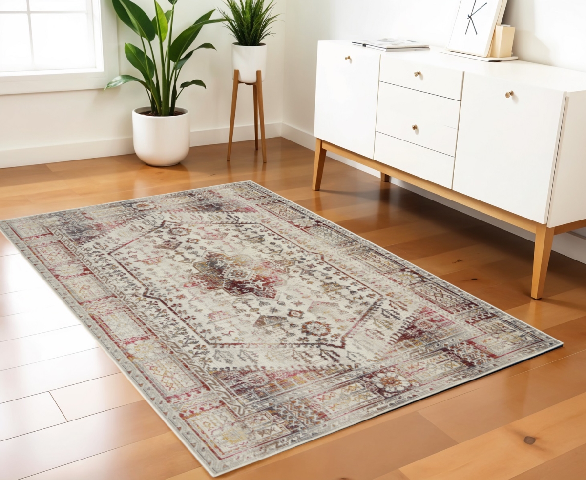 552882 4 x 6 ft. Floral Distressed Rectangle Area Rug, Ivory, Red & Orange