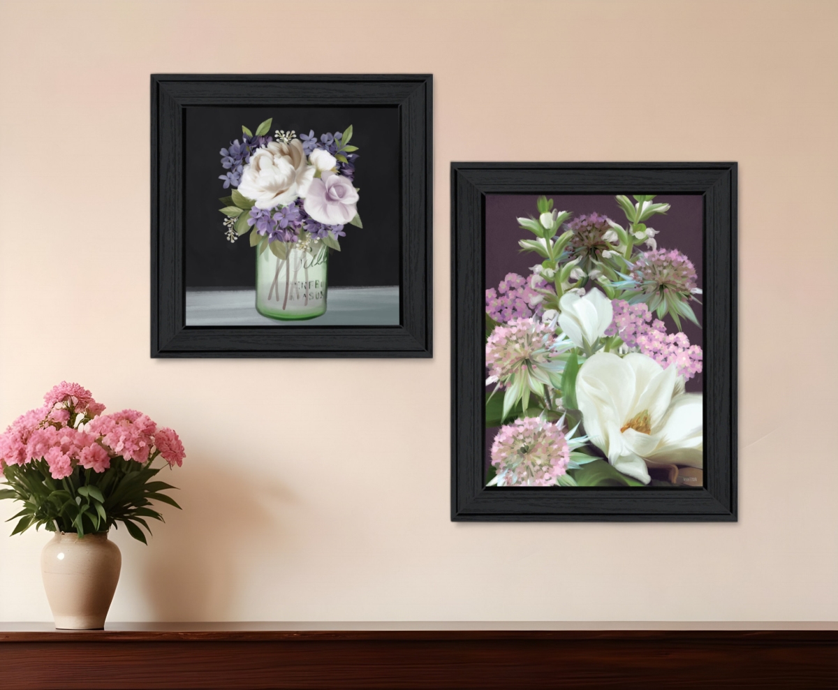 Lilac & Wild Plum Bouquet Wall Art - Black Frame - Set of 2 - Rustic Style
