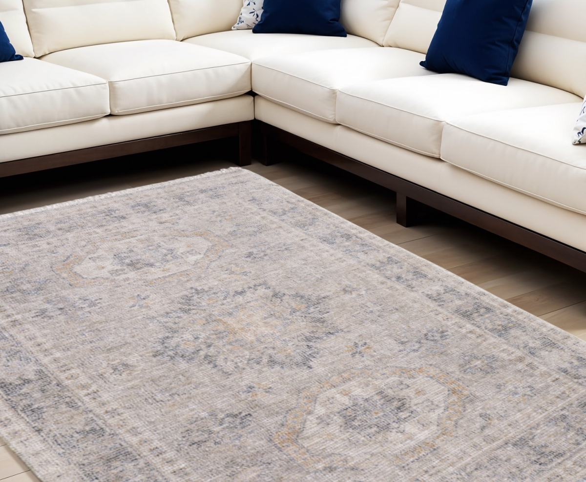 566172 9 x 12 ft. Oriental Hand Woven Distressed Rectangle Area Rug with Fringe, Tan & Gray