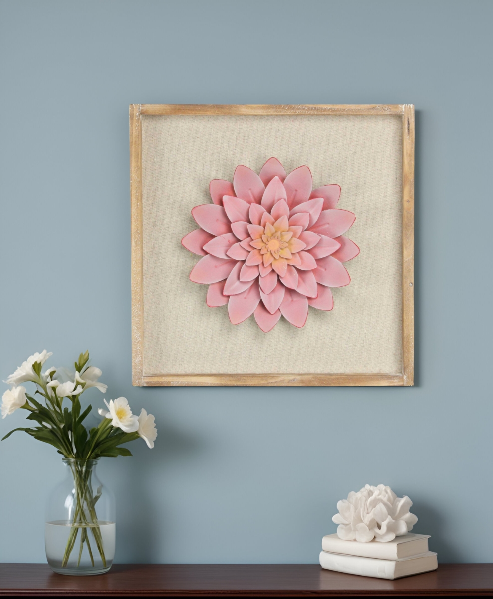 489487 12 x 13 in. Pink & Off White Flower Wood & Metal Wall Decor