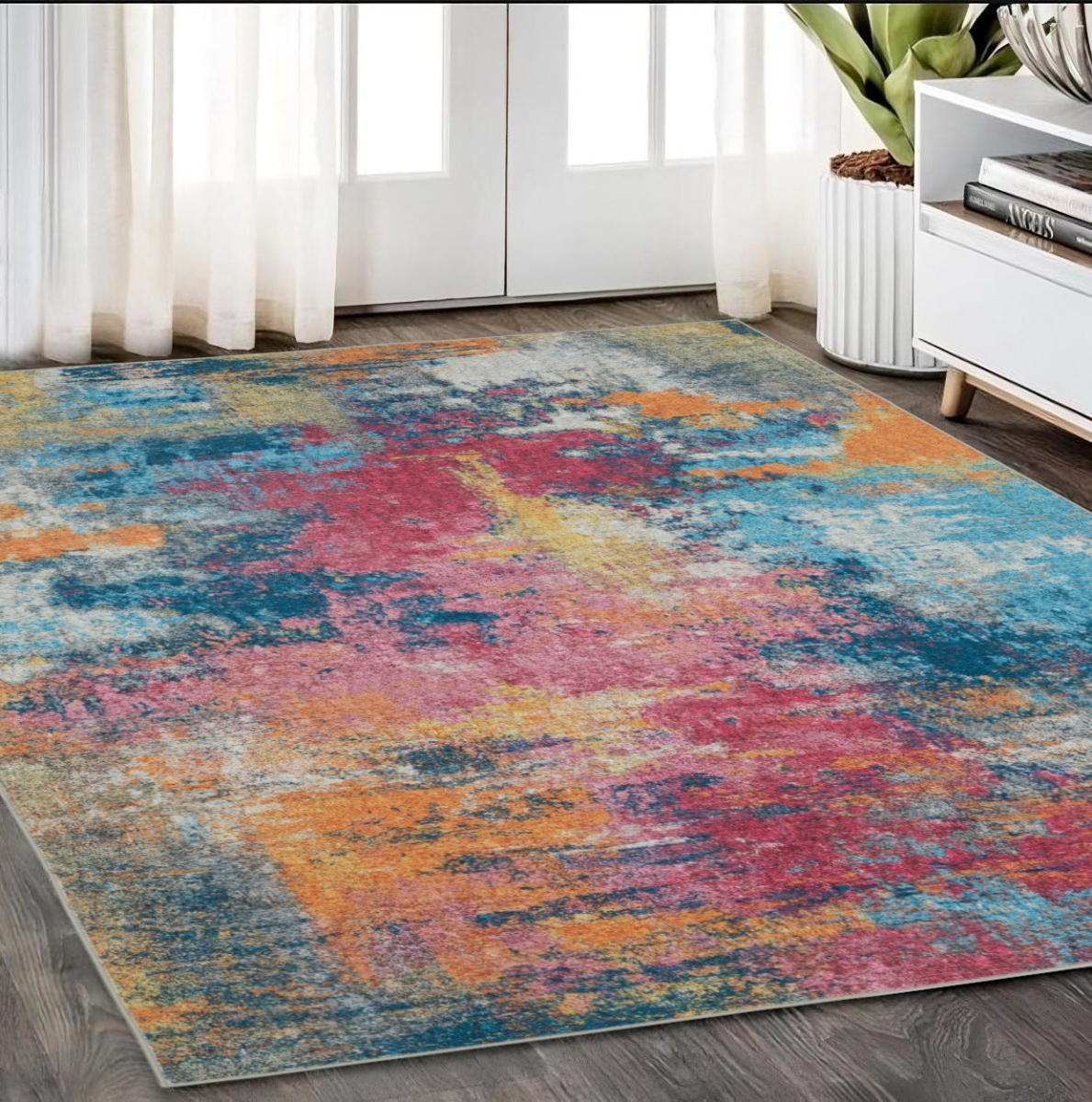574981 5 x 7 ft. Abstract Distressed Rectangle Area Rug, Blue, Yellow & Red