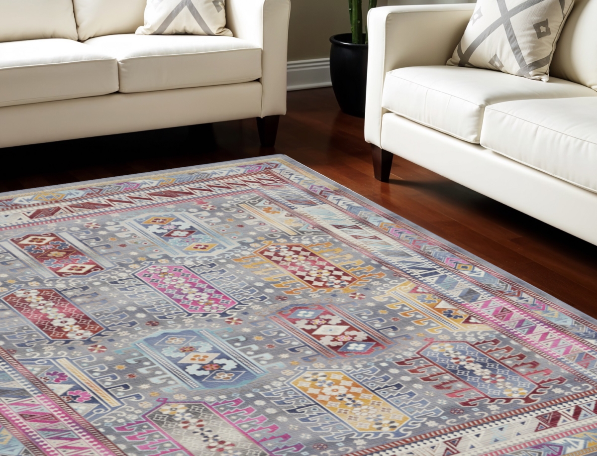 551490 9 x 12 ft. Floral Distressed Non Skid Rectangle Area Rug, Ivory, Gray & Red