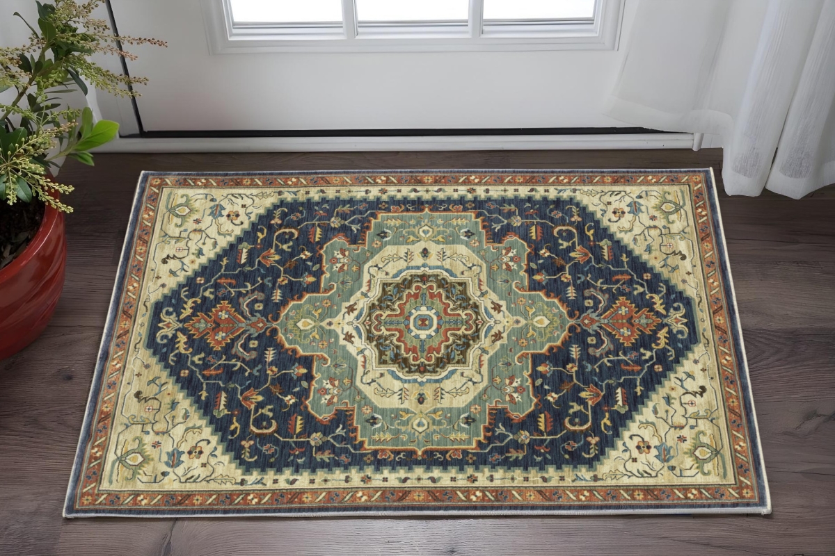575235 3 x 5 ft. Oriental Rectangle Area Rug with Fringe, Blue, Ivory & Gray