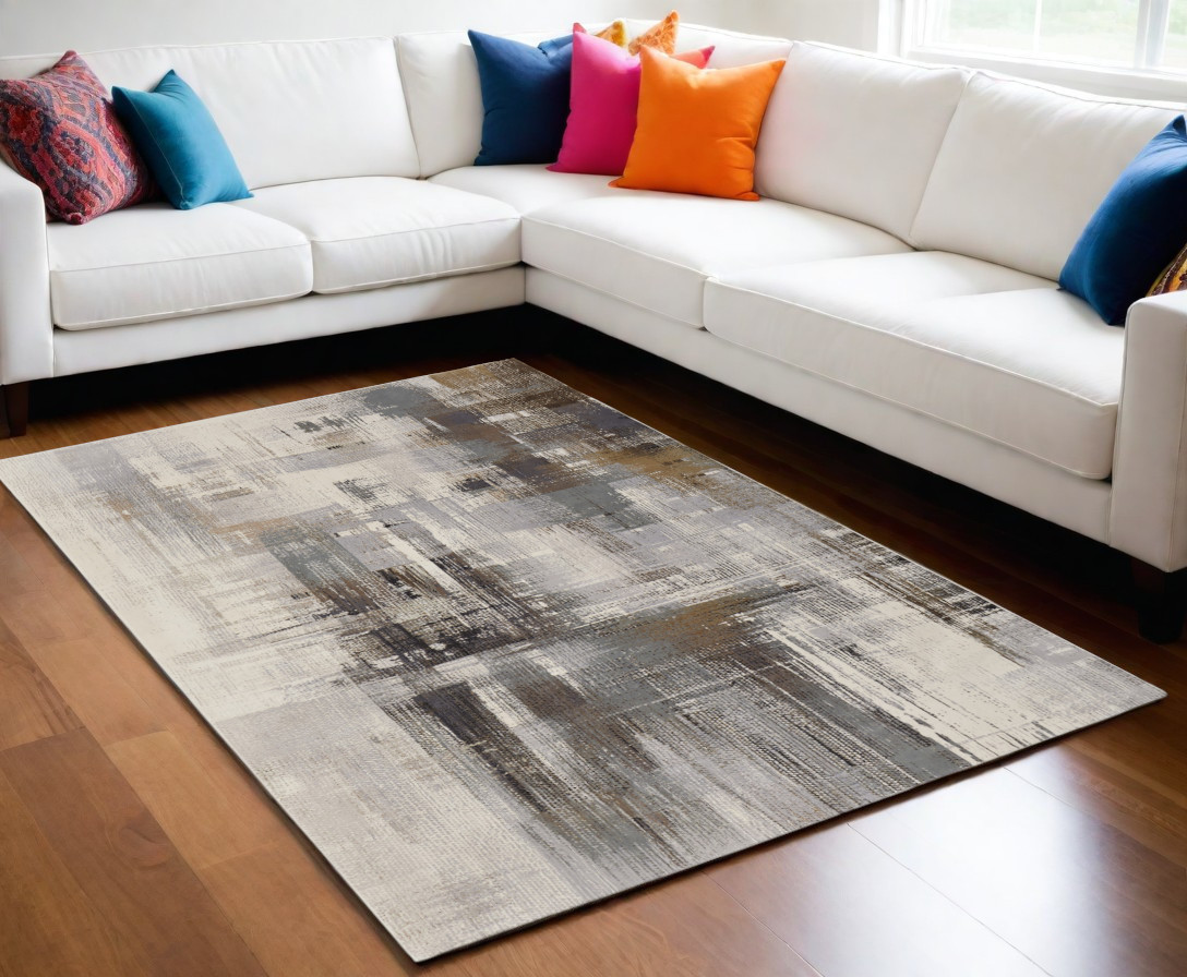 566714 5 x 8 ft. Abstract Power Loom Rectangle Area Rug, Ivory, Gray & Brown