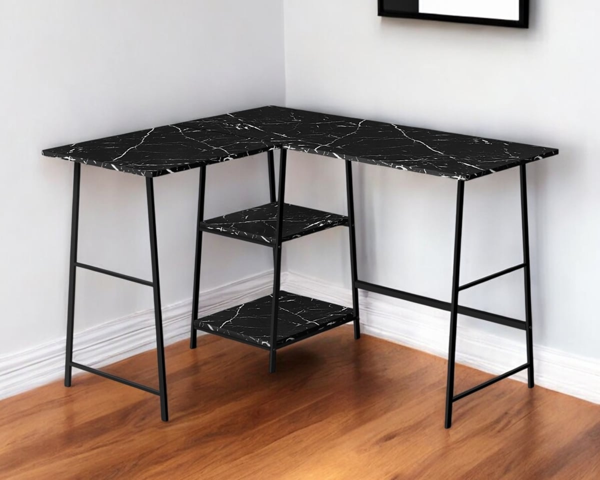 489988 42 in. Wood & Metal L Shape Computer Desk, Black & White