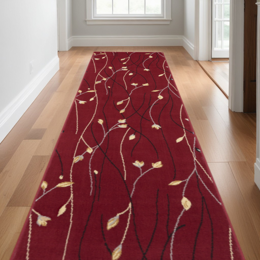 545419 10 ft. Floral Power Loom Runner Rug, Red