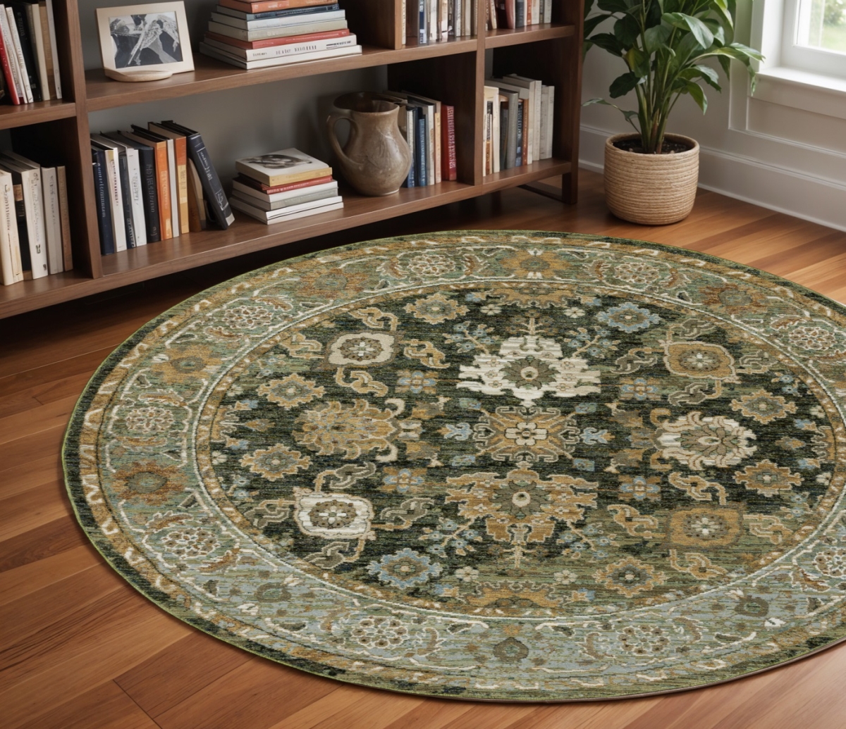 576115 8 ft. Oriental Power Loom Round Rug, Green & Gold