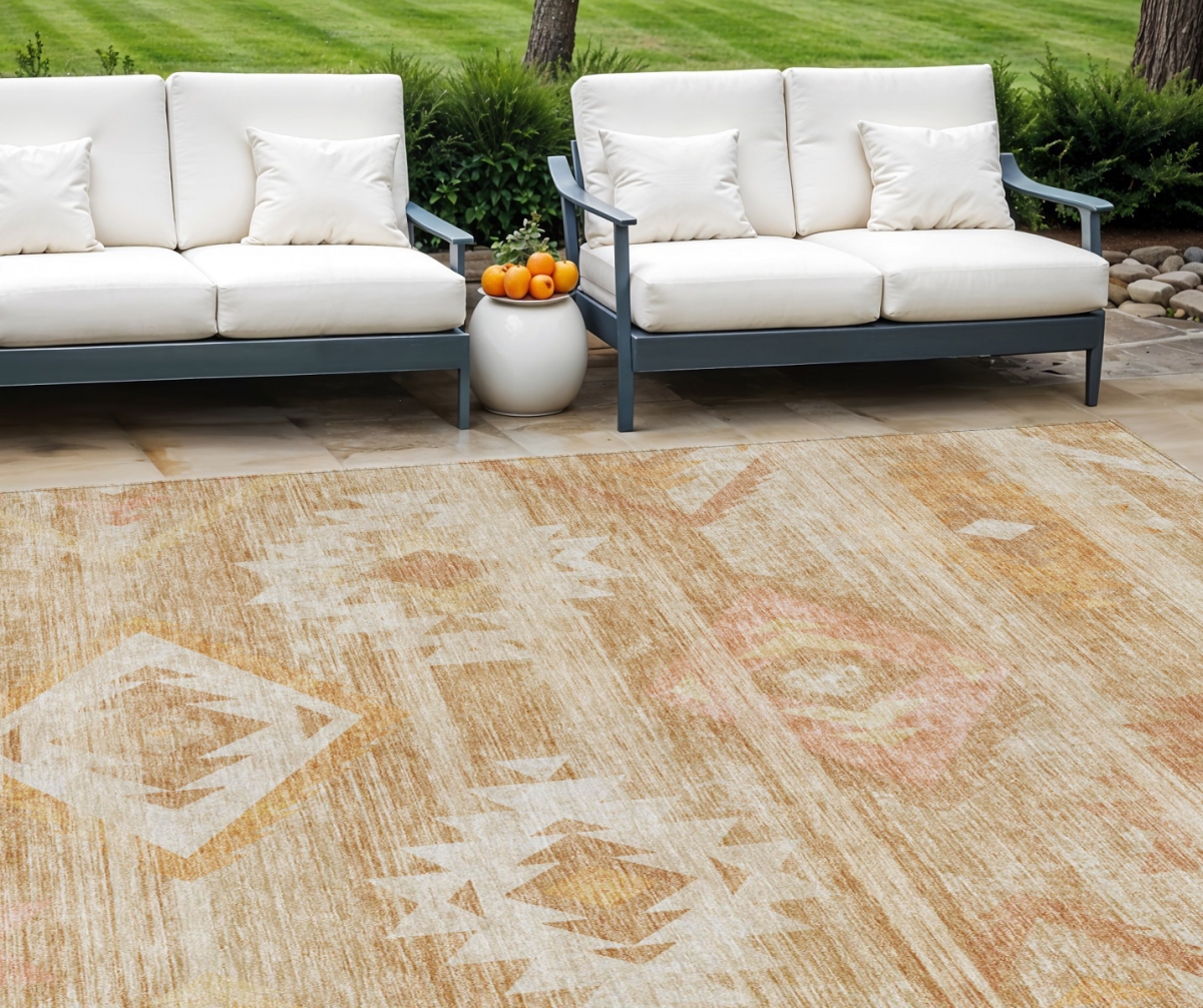 Southwestern Washable Area Rug - Copper Terra Cotta & Ivory - 9 x 12 ft - Durable Design