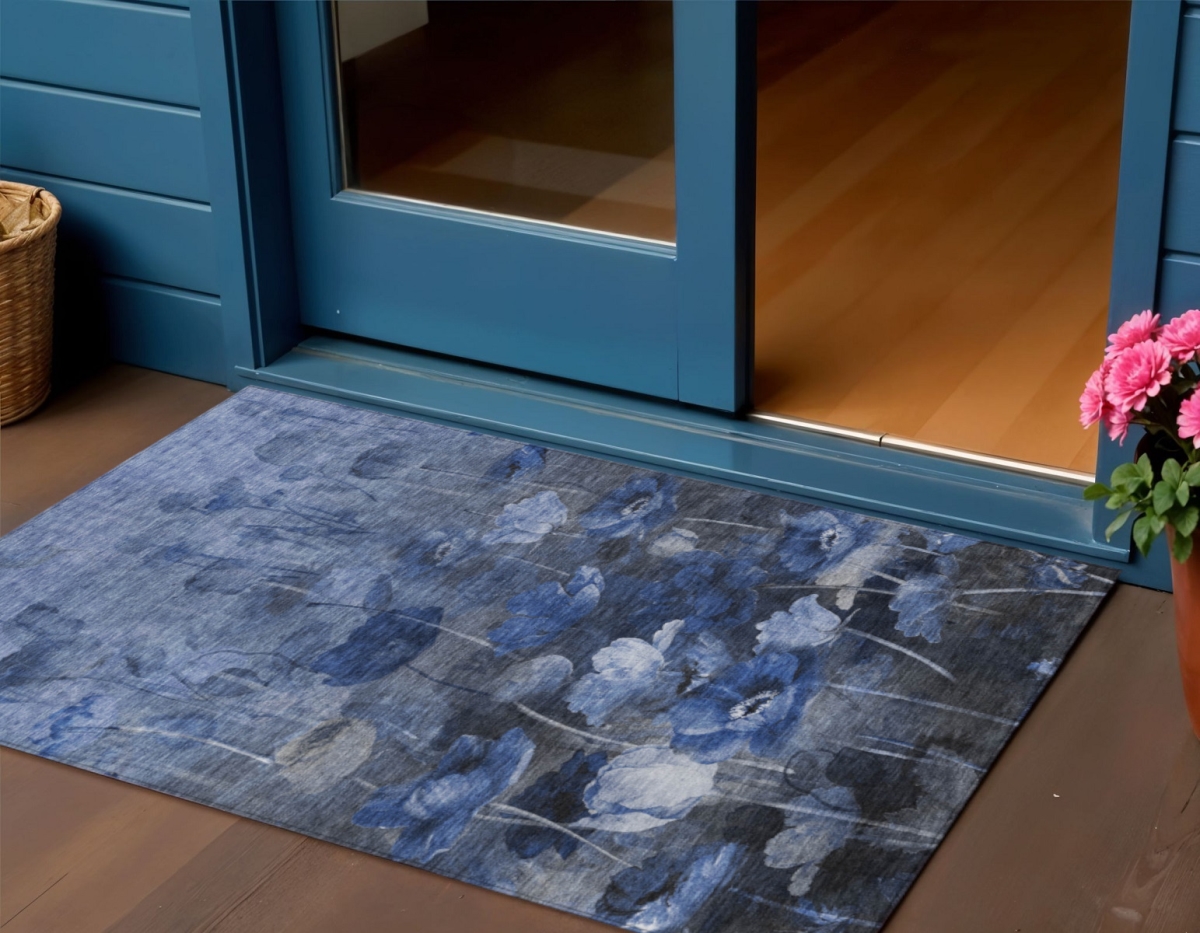 578268 3 x 5 ft. Floral Washable Indoor & Outdoor Rectangle Area Rug, Navy Blue & Denim Blue