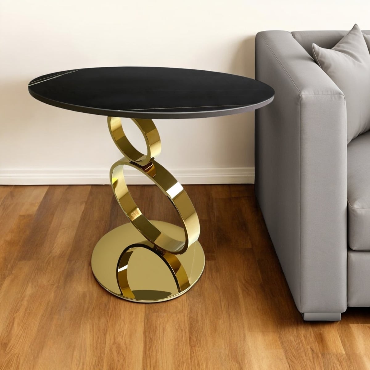 Black & Gold Round Pedestal End Table - 21 in. - Contemporary Design