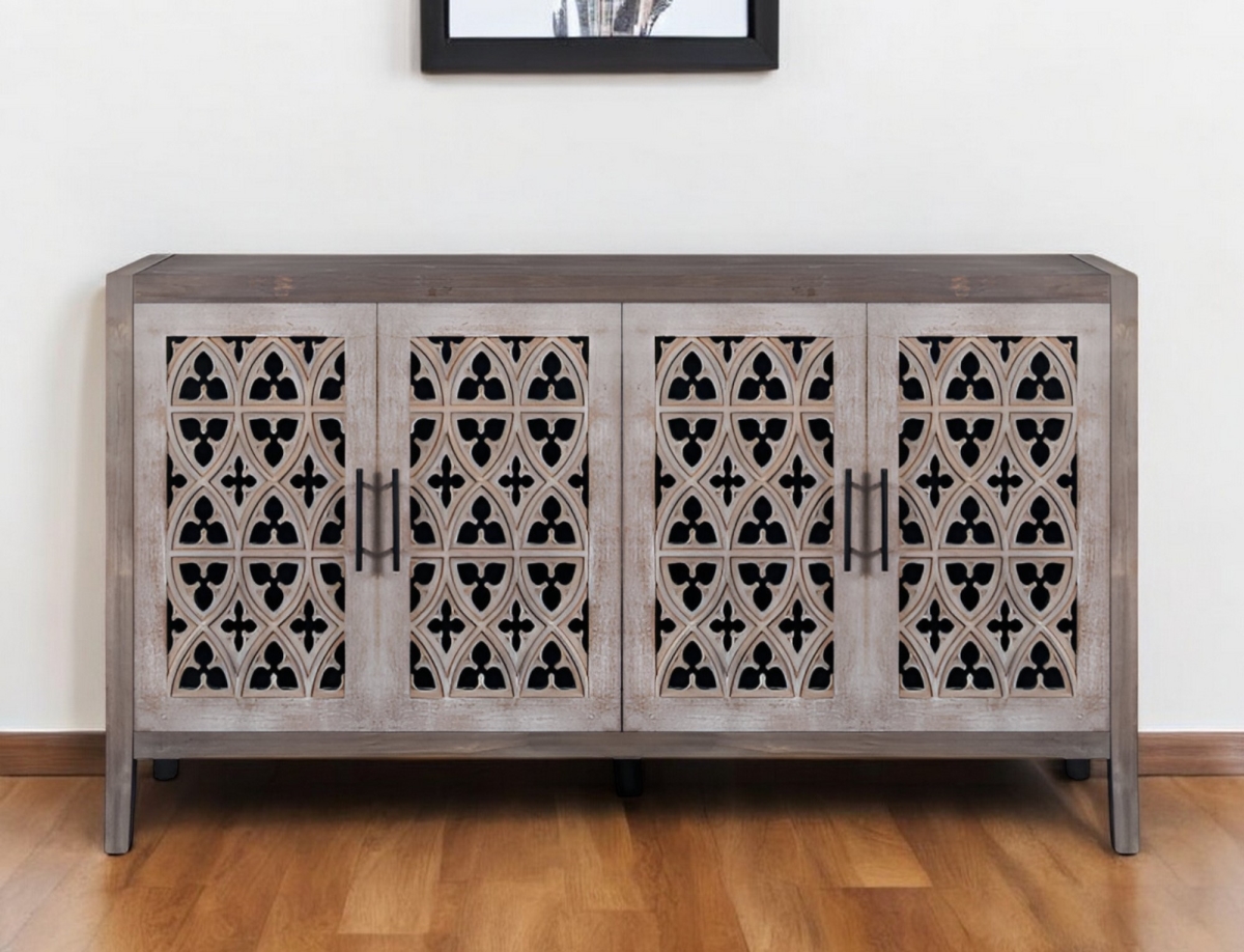 568411 63 in. Brown Distressed Carved Scrollwork Sideboard with Four Doors