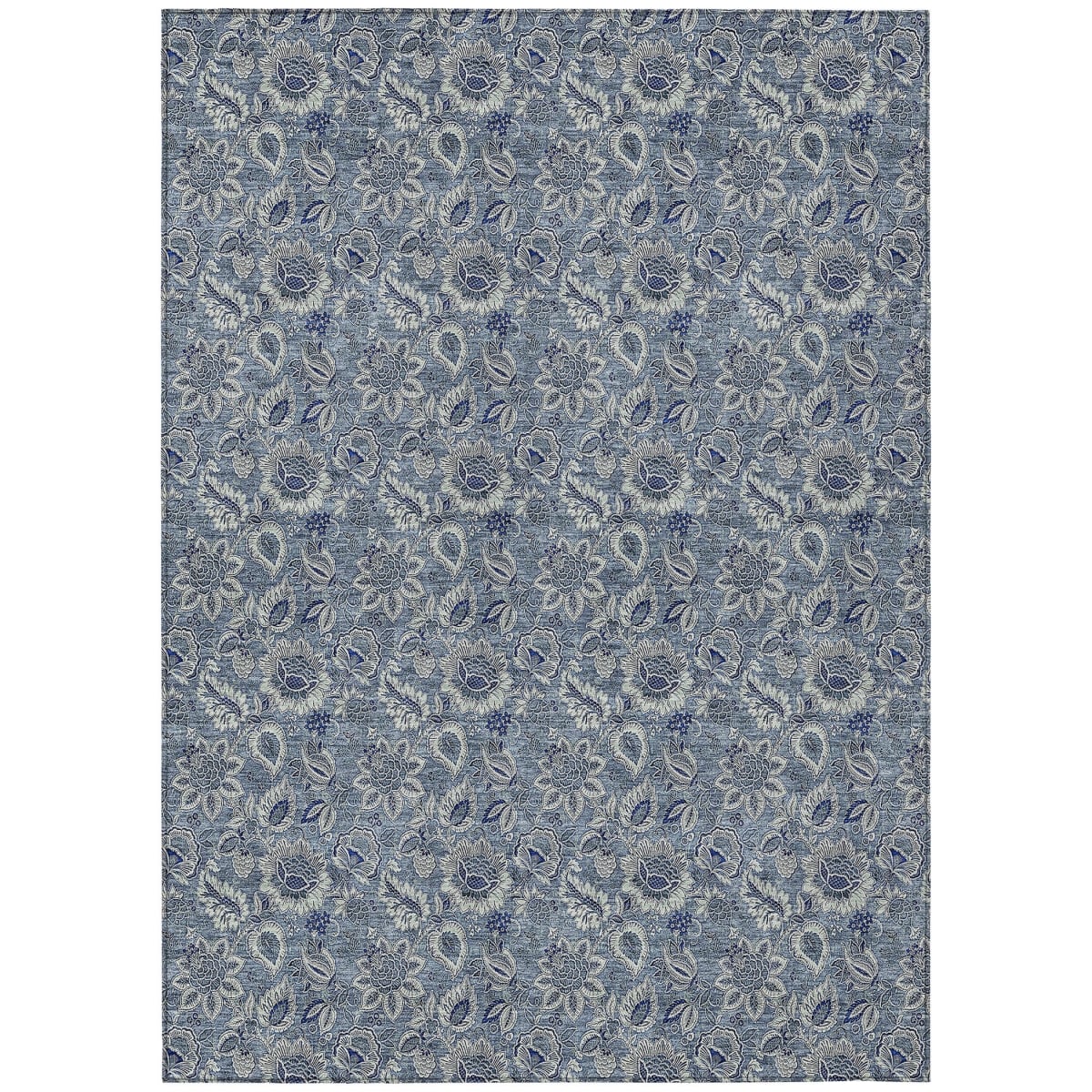 580491 5 x 8 ft. Floral Washable Indoor & Outdoor Rectangle Area Rug, Denim Blue & Navy Blue