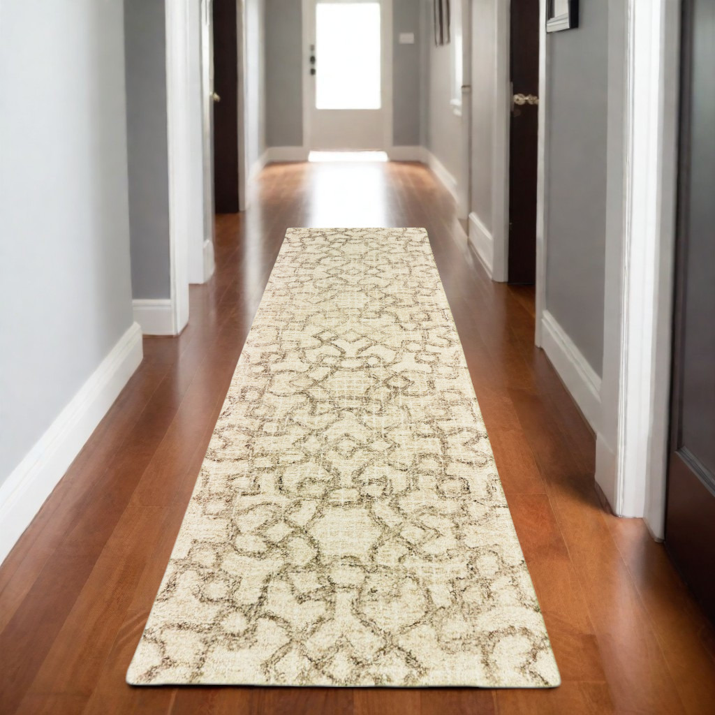 575874 8 ft. Wool Geometric Hand Tufted Runner Rug, Tan & Ivory