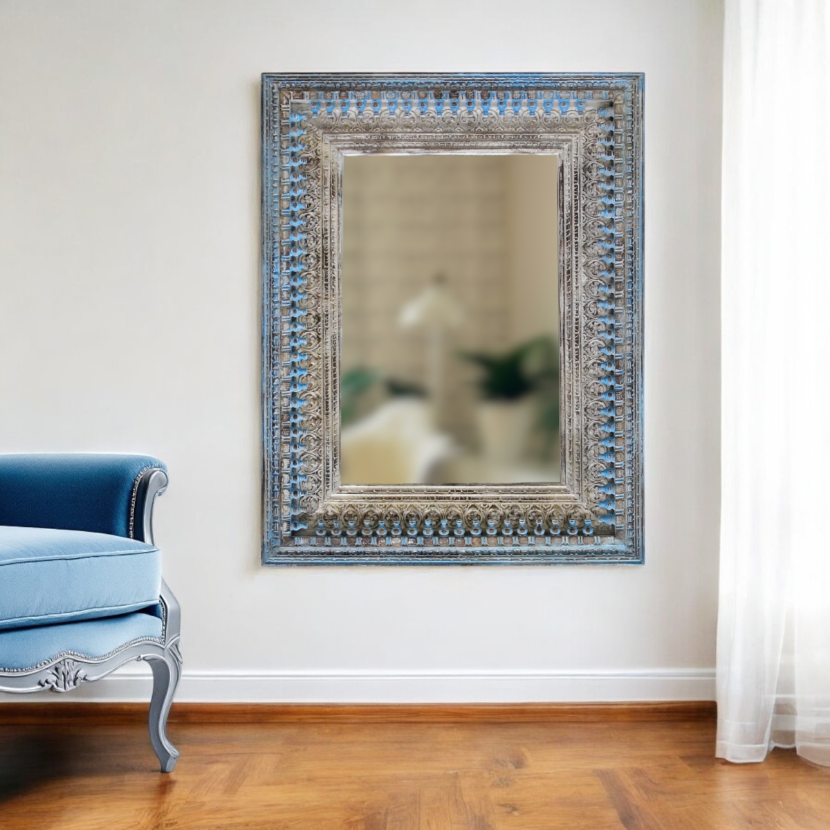 489203 50 in. Blue & Silver Solid Wood Framed Accent Mirror