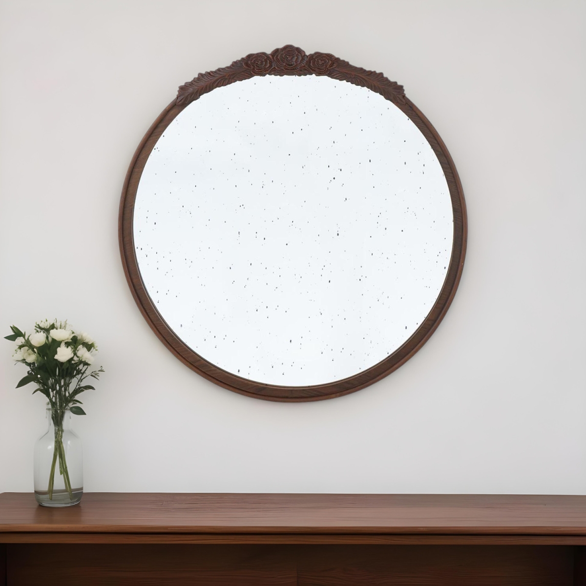 485095 30 in. Brown Crowned Top Antiqued Glass Framed Accent Mirror