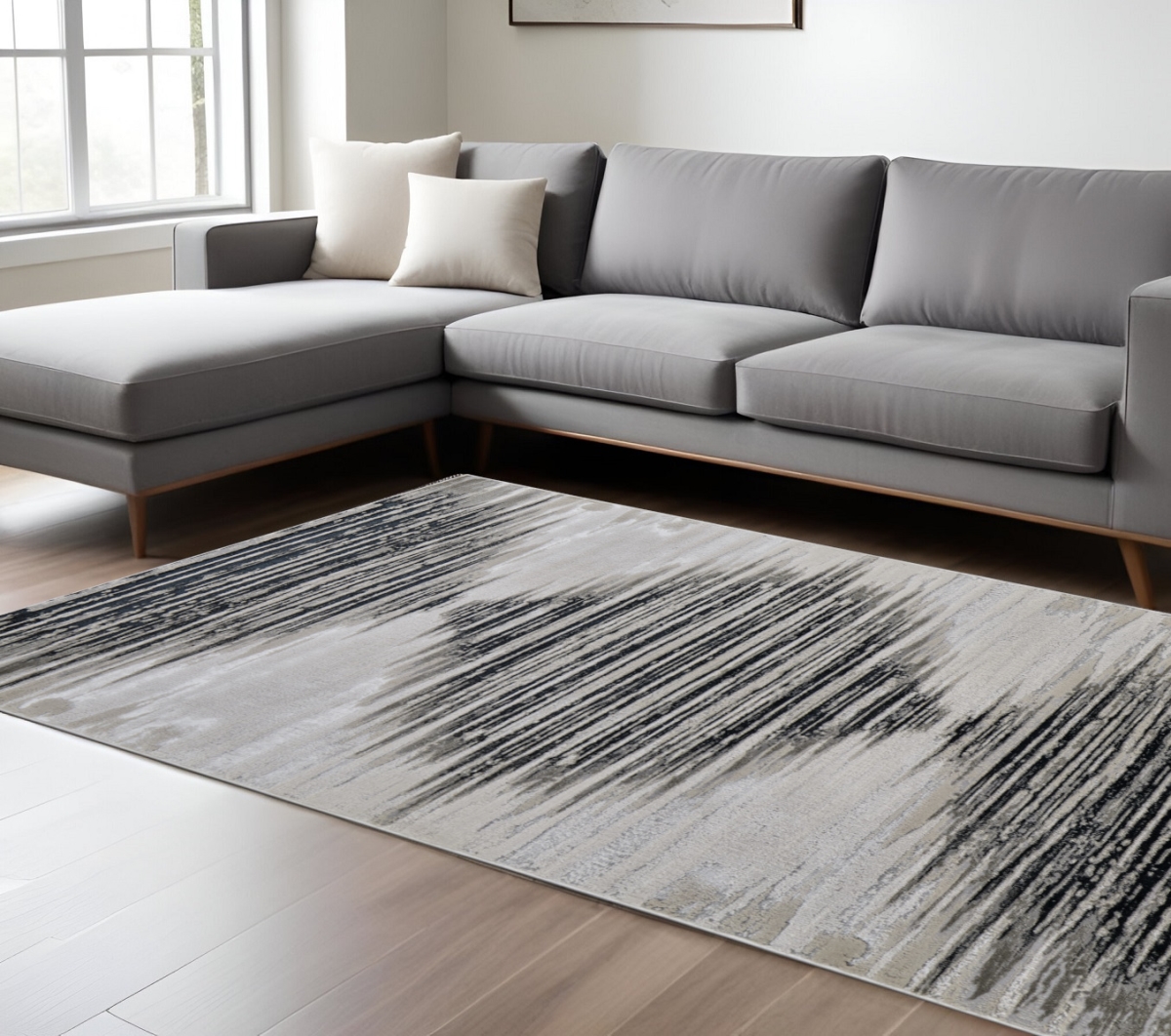 565818 9 x 12 ft. Geometric Power Loom Rectangle Area Rug, Black & Silver