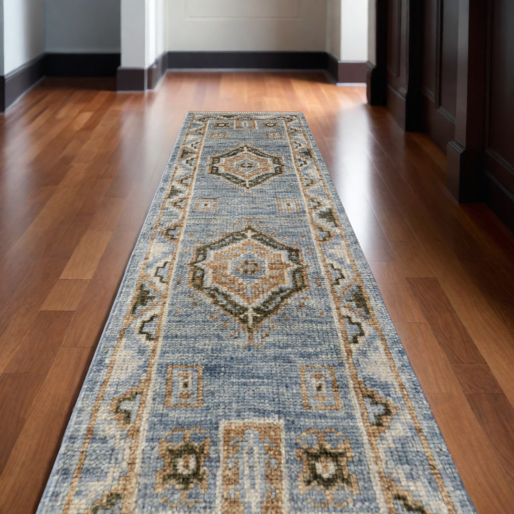 567046 12 ft. Ivory Tan & Blue Wool Oriental Hand Knotted Runner Rug with Fringe