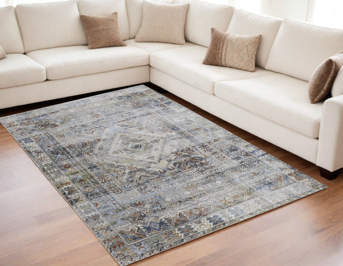 567390 5 x 8 ft. Abstract Power Loom Worn Faded Rectangle Area Rug, Gray, Blue & Red