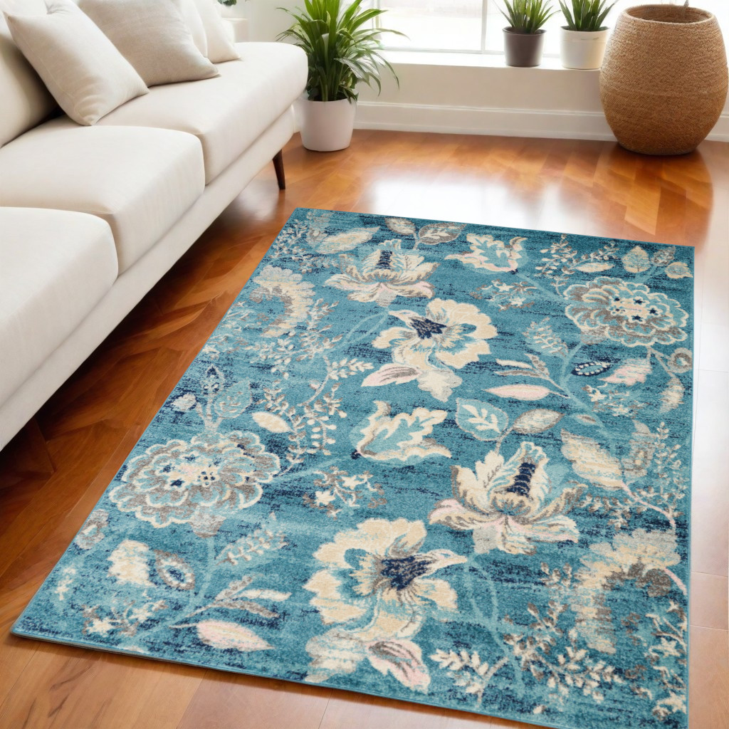 550897 5 x 7 ft. Floral Distressed Rectangle Area Rug, Turquoise, Cream & Navy Blue