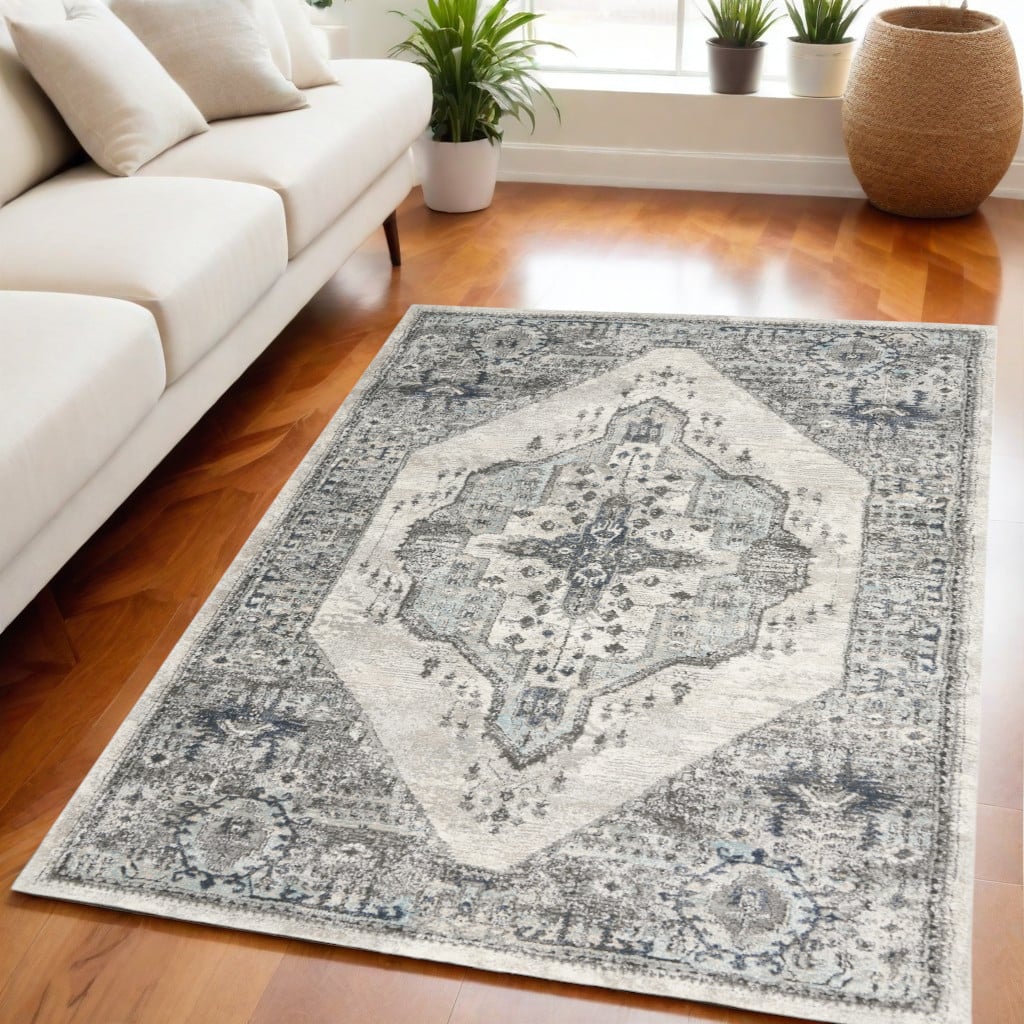 569654 5 x 7 ft. Floral Power Loom Distressed Rectangle Area Rug, Gray
