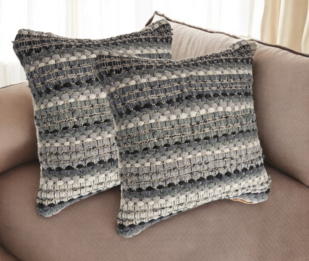 554584 18 in. Black Gray & Ivory Striped Cotton Blend Throw Pillows with Texture - Set of 2