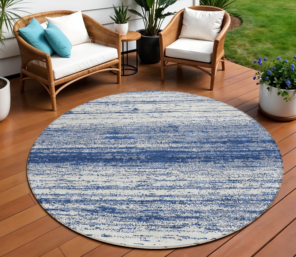 589706 8 ft. Round Striped Washable Indoor & Outdoor Area Rug, Navy Blue & Ivory