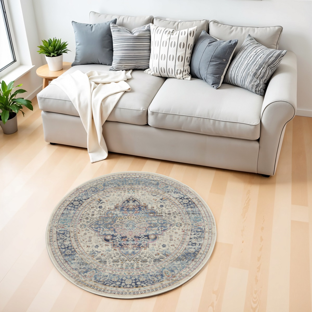 552445 4 ft. Floral Distressed Round Rug, Ivory, Blue & Orange