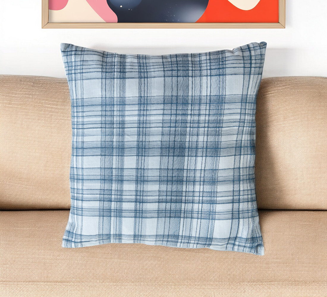 Blue Check Cotton Blend Throw Pillow - 24 in. - Embroidered Design