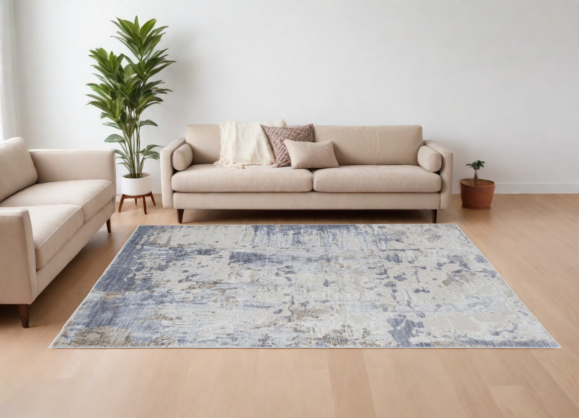 567319 8 x 10 ft. Abstract Power Loom Worn Faded Rectangle Area Rug, Ivory, Gray & Blue
