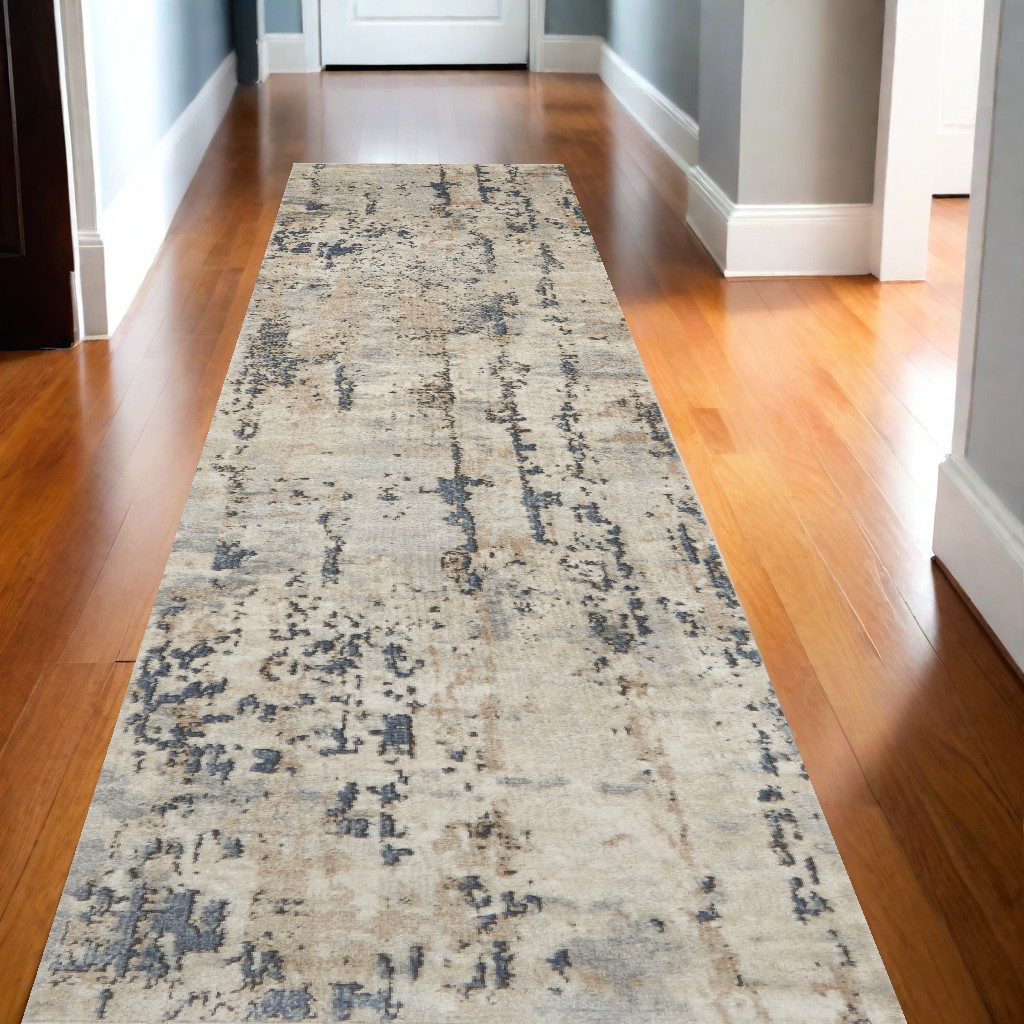 545125 16 ft. Abstract Power Loom Runner Rug, Beige & Gray