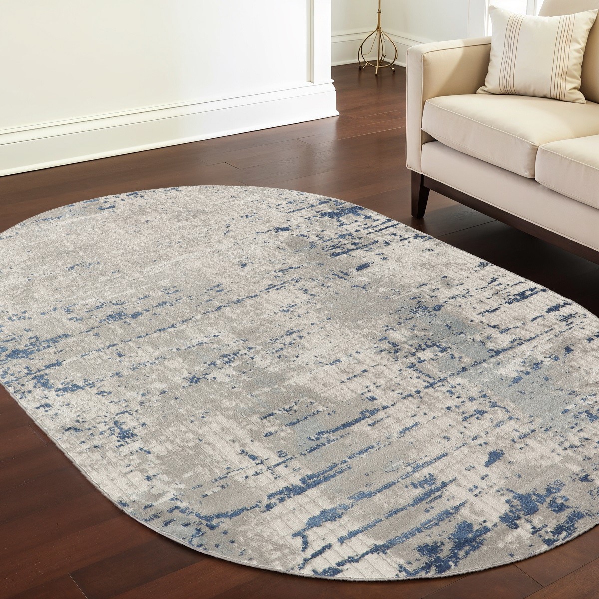 545190 5 x 8 ft. Abstract Power Loom Oval Area Rug, Gray & Ivory