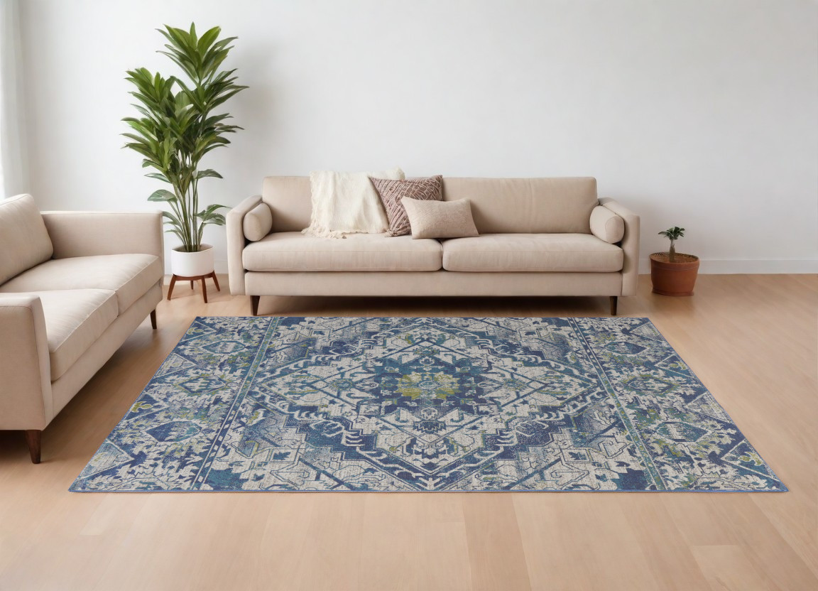 567172 6 x 9 ft. Oriental Power Loom Rectangle Area Rug, Green, Blue & Ivory